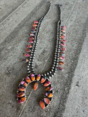 Spiney Oyster Beaded Squash Blossom Necklace